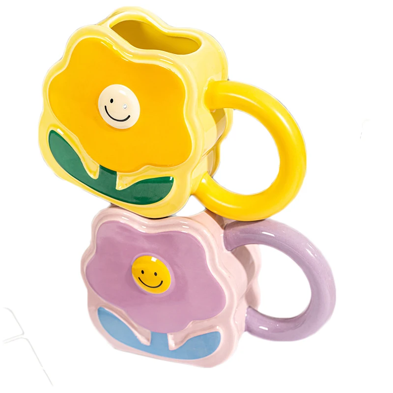 

Creative Small Flower Shaped Ceramic Water Mugs With Handle And Flower Straw For Kids Women Girls Home Office Drink