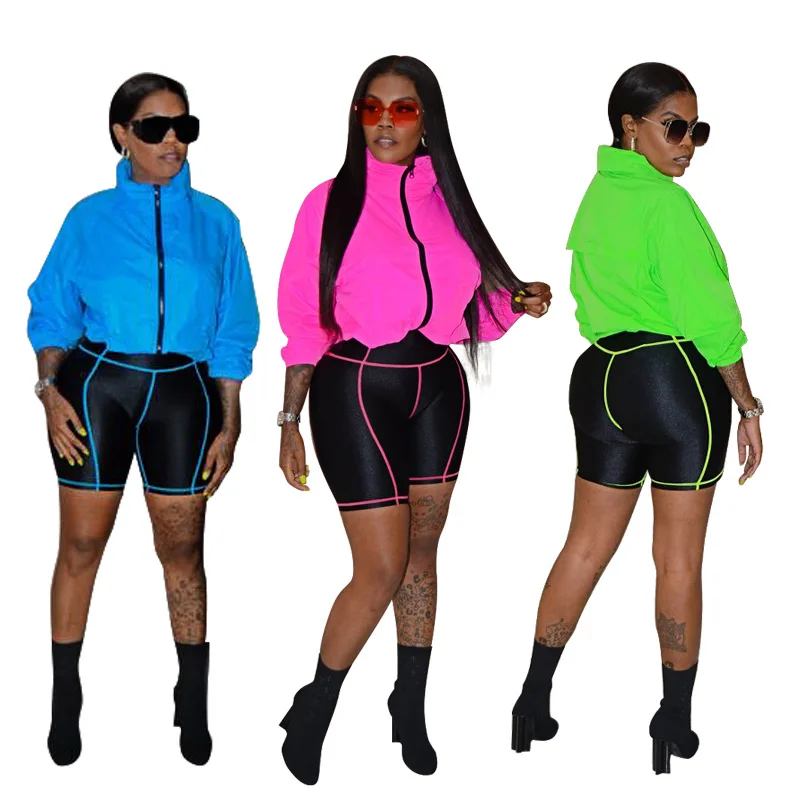 

Wholesale High Quality Sportswear Women Long Sleeve Short Pants 2 Pieces Set Neon Outfits Tracksuit, Photo shows