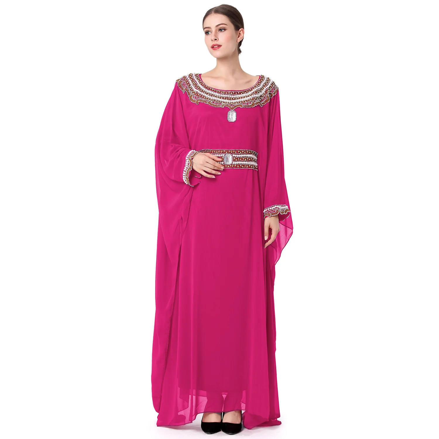 

New Women's Chiffon Muslim Long Sleeve Middle Eastern Robe muslim chiffon pleated dress, As pic