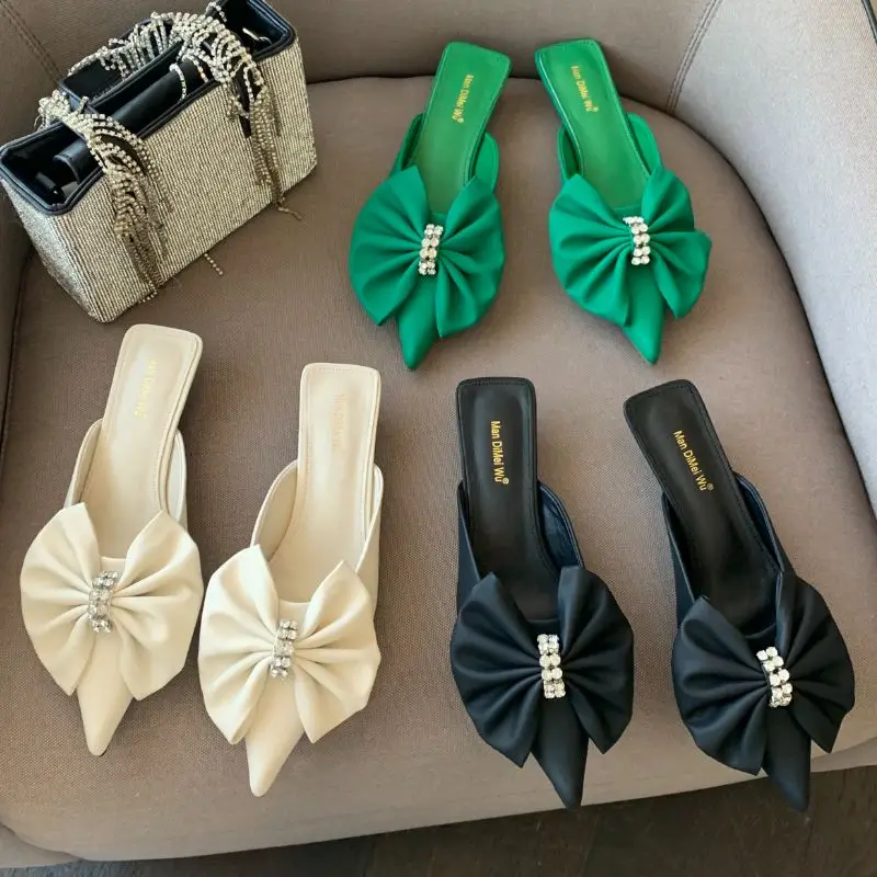 

2022 New Products Big Bow Summer Trendy Shoes Low Mules Ladies Kitten Heels, Green, black, white