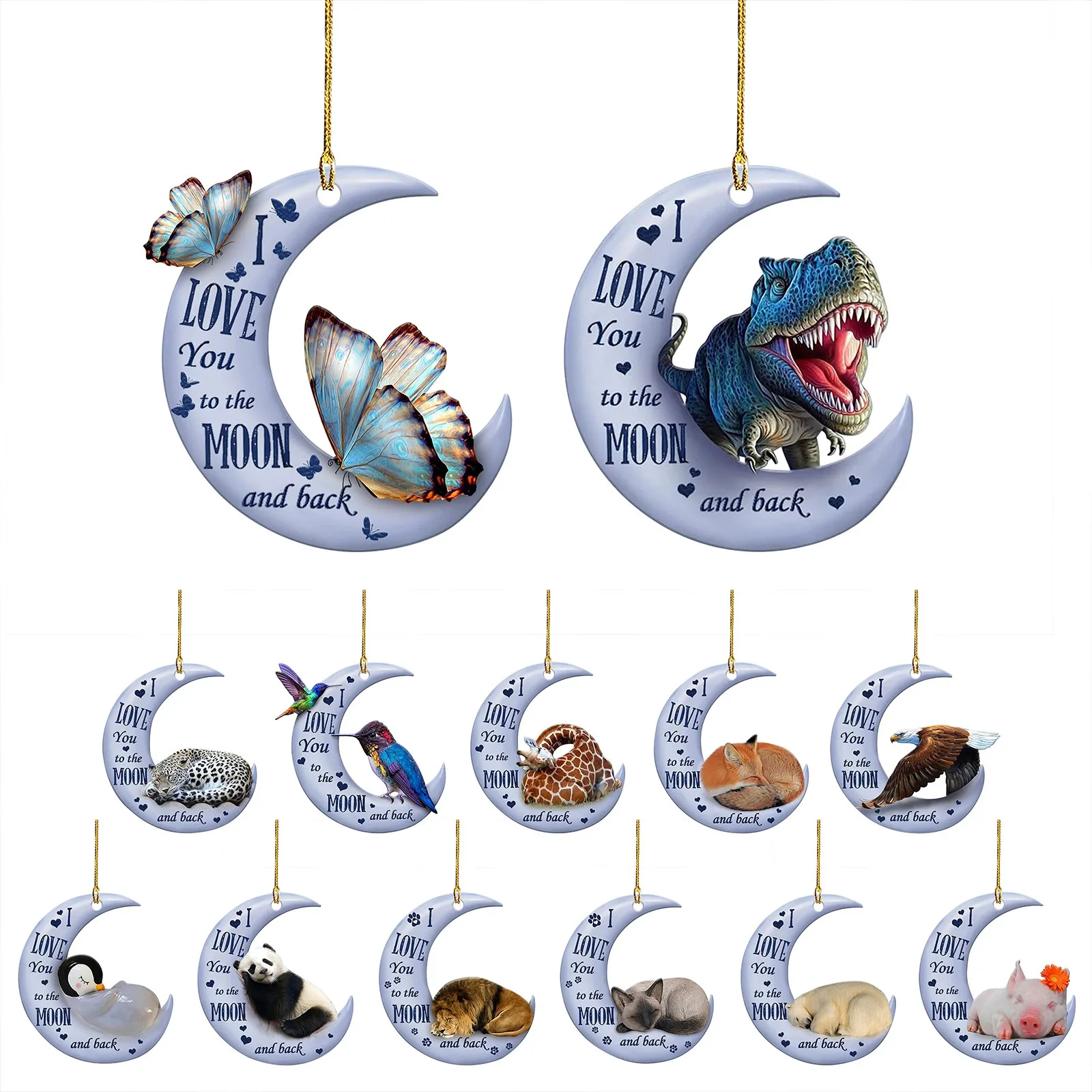 

Animals sitting on the moon wood hanging pendant window wall hanging ornament home decor car rearview mirror pendant
