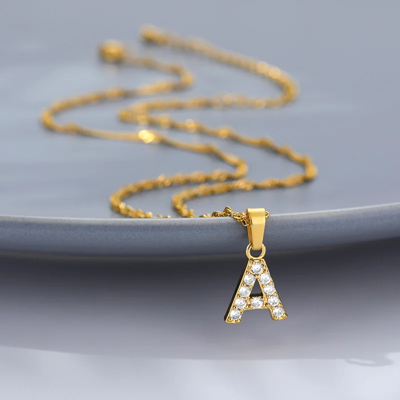 

Vintage Initial Letter Necklace Cubic Zircon Alphabet Pendants Stainless Steel Gold Chain Shinning 26 Initial Collares Jewelry, As the picture
