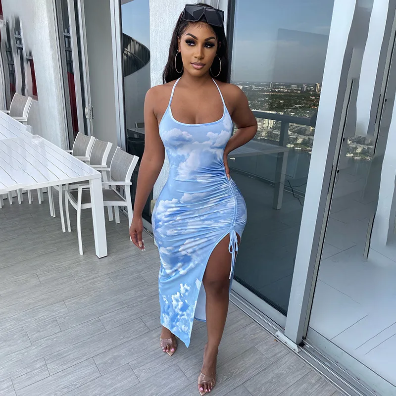 

Blue Pink Women One Leg Slit Dress Cloud Print Halter Neck Backless Drawstring Maxi Dress