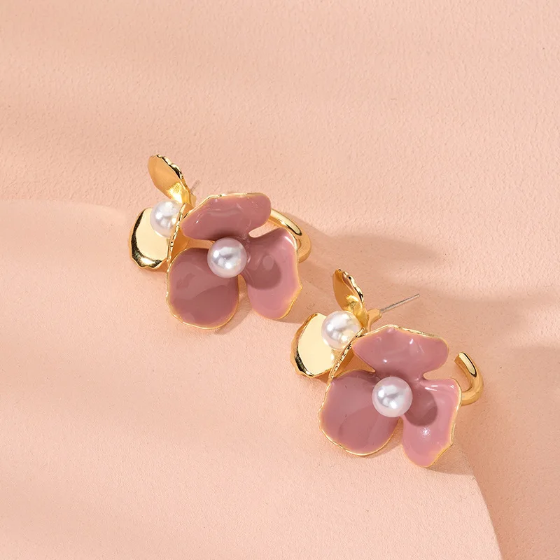 

Gold Plated C Hoop Earring Pink Oil Enamel Flower Stud Earring