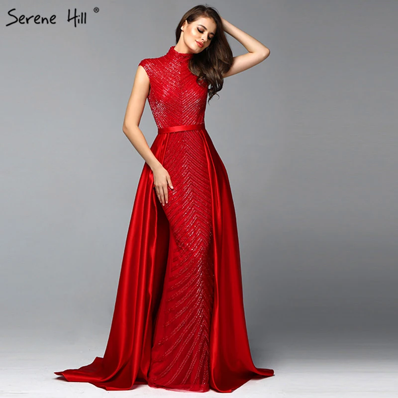 

2020 Latest High Neck Sleeveless Beaded Red Party Evening Gowns Long Korean Style Navy Blue Prom Dress Long Serene Hill LA60866
