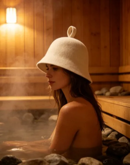 Profile view of a woman in a sauna wearing a felt sauna hat with the brim covering her ear