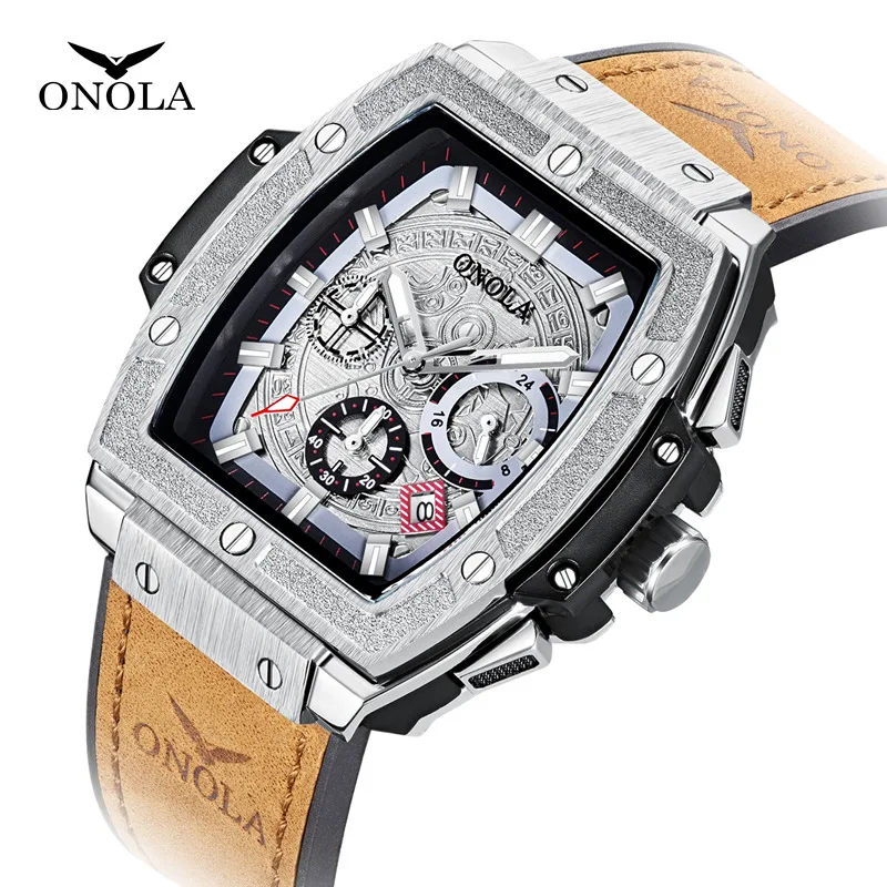 

ONOLA 6825 new design silver mens quartz watch cool Genuine Leather Strap rectangle Multi function advertising casual watch set