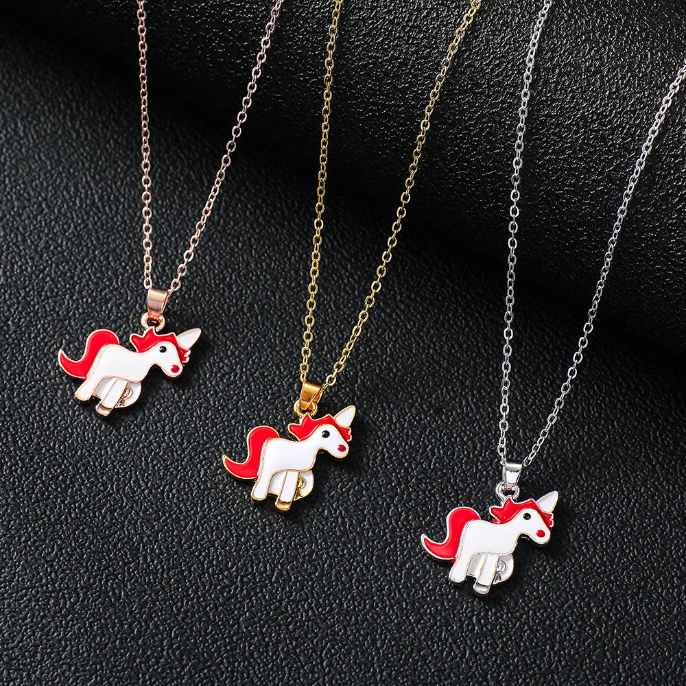 

Hot Sale Custom Gold Plated Double Layer Kid Necklace Popular Crystal Shinning Unicorn Child Necklace, Rose gold