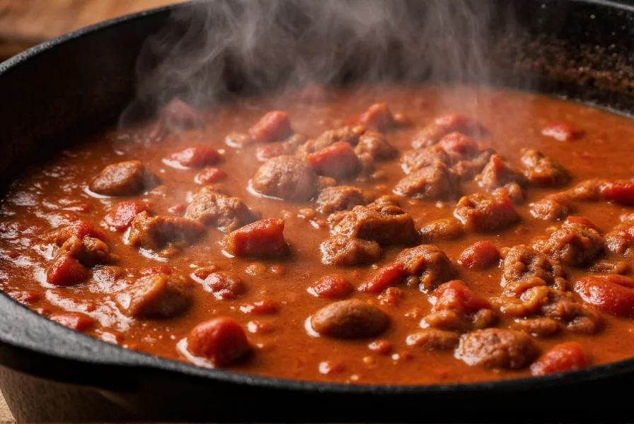 Authentic Texas-style no bean chili in cast iron pot with steam rising, showcasing rich red color and meat chunks