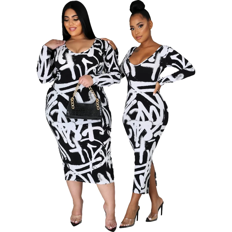 

Fashion Women Casual Printed slim Dresses S- Elegant Lady casual Plus Size Dress