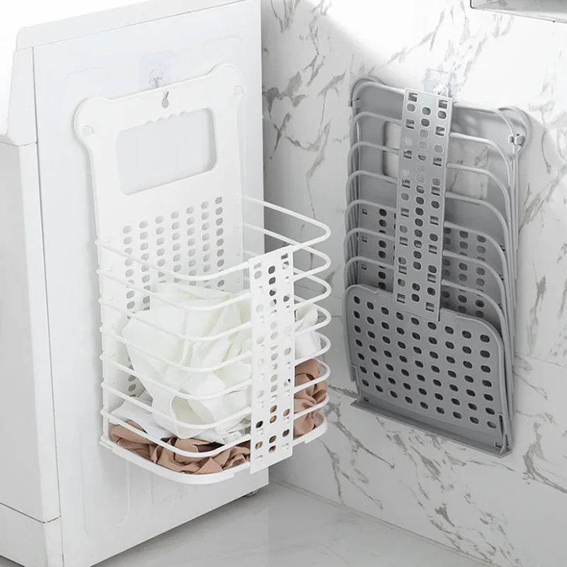 

Punch-free Household Multifunctional Plastic Foldable Bathroom Bedroom Home dirty clothes storage basket Laundry Basket, White/grey