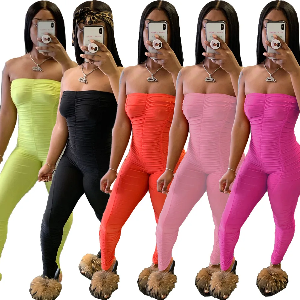 

2020 New Neon Rompers Bodycon Tube Jumpsuit Women Summer Off Shoulder Backless Romper Overalls Ruched Stacked Leggings Pants