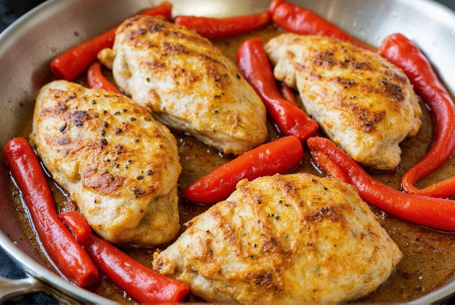 Perfectly seared chicken breasts with roasted red peppers and garlic in stainless steel skillet