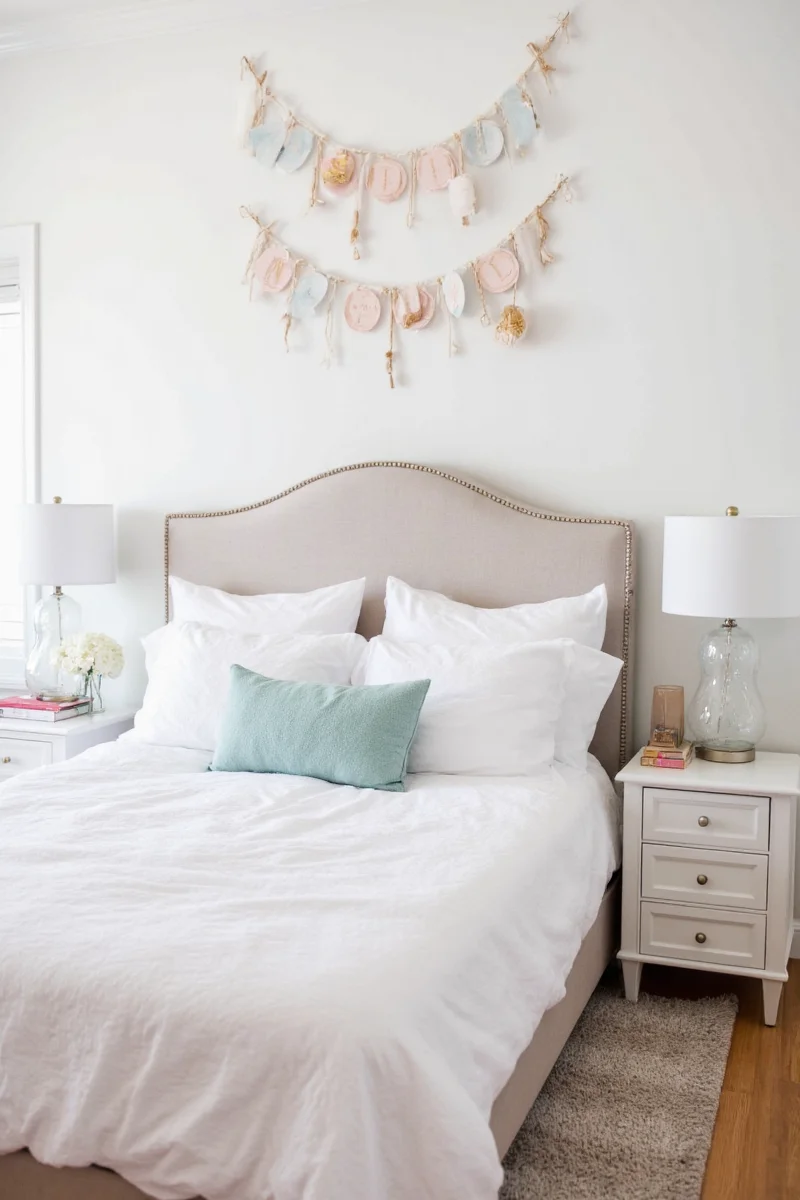 Night-light mirror above bed with soft glow