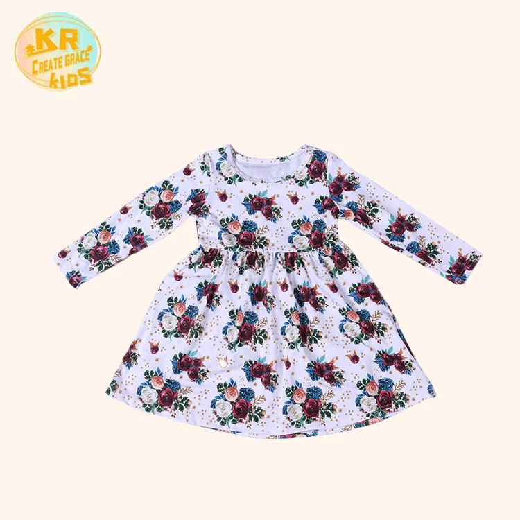 

High Quality Long Sleeves Flower Printed Autumn Dresses Kids Clothes Girls Dresses For Infant, Customized