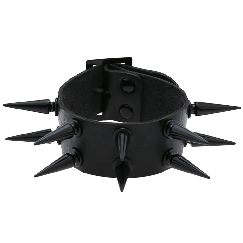 Punk Gothic Rock Black Two Row Spikes Rivet Leather Bracelet Wristbands Charm Woman Man Bangle