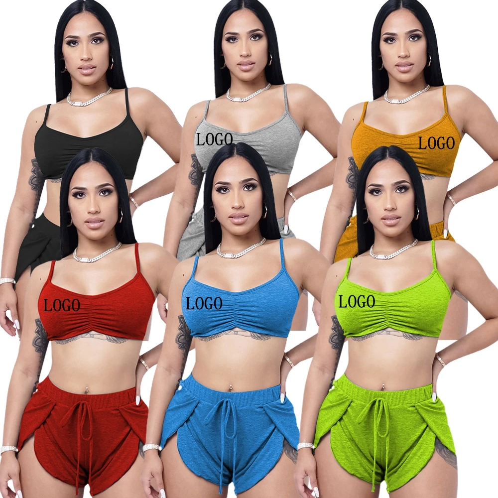 

2021 solid crop top 2 Piece Set woman Pajamas shorts Sleepwear Set two piece shorts set, Picture shows