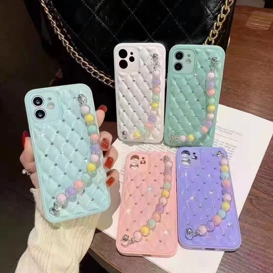 

Amazon Hot Sell Luxury TPU PC Glitter Diamond With Bead Strap Chain Phone Case For Oppo Realme C11 C15 Samsung A32, Transparent