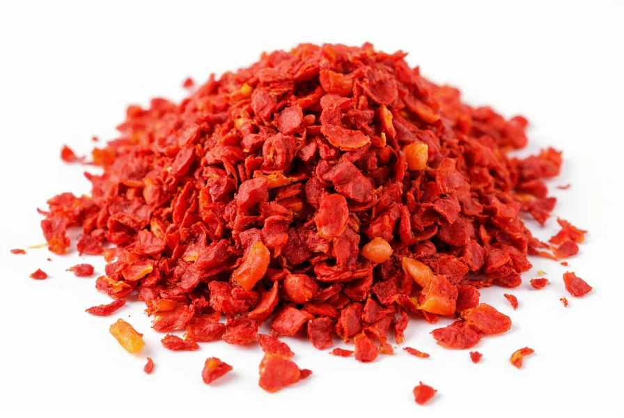 Close-up of red pepper flakes showing vibrant red color and varied flake sizes on white background