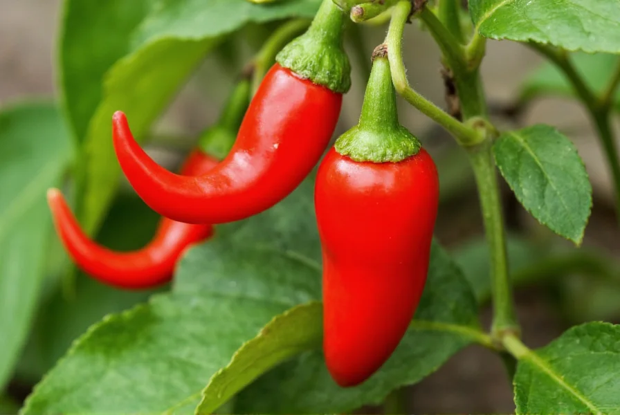 Close-up of ripe red trinidad scorpion butch t peppers growing on plant with characteristic scorpion tail shape