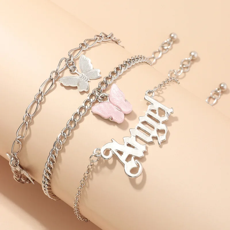 

Womens multi-layer gold plated cuban link initial tennis letter angel pink butterfly anklets bracelet