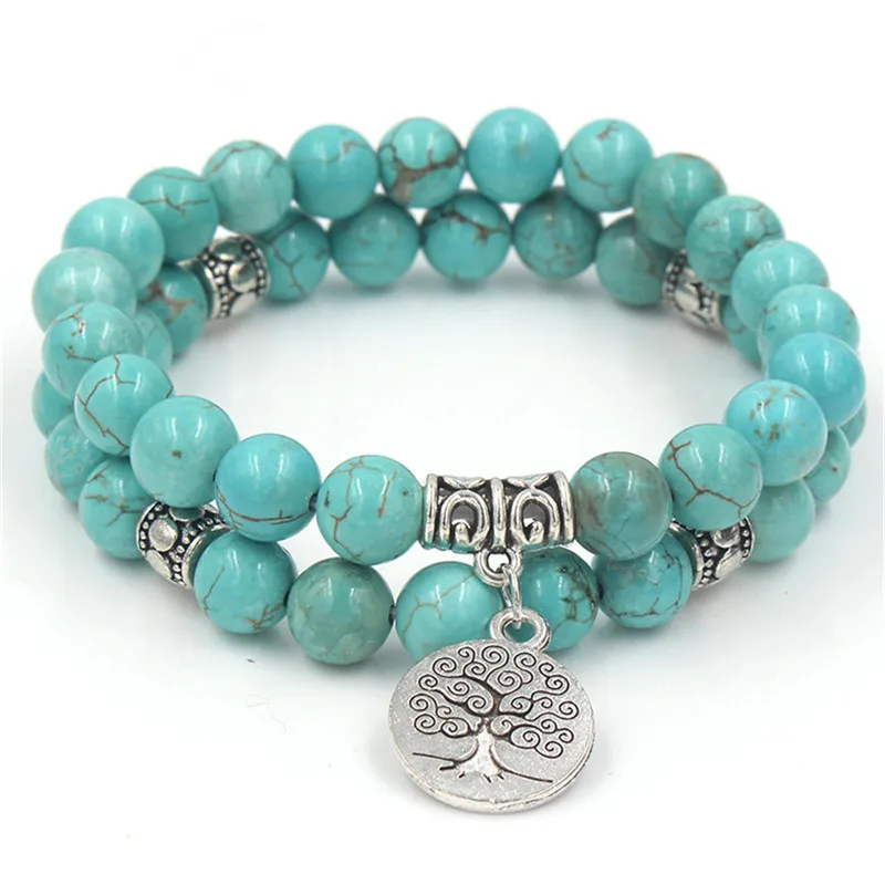 

Hot Sale Turquoise Stone Beaded Bracelet Hand Made Alloy Plating Life Tree Pendant Bracelet for Women Men, As picture