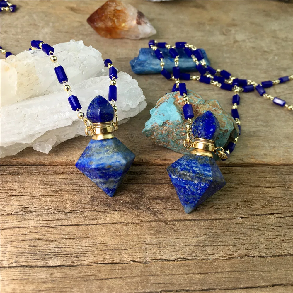 

LS-A2685 hot selling new lapis stone perfume bottle necklace,faceted gemstone essential oil pendant necklace with rosary chain