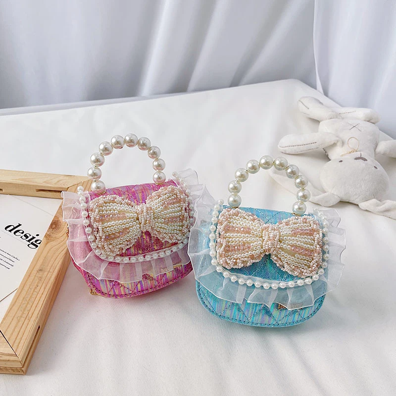 

Dropshipping Summer Bow Pearl Little Girls Bags Handbags Kids Purses 2020 Handbags Little Girls Mini Purses, 7 colors