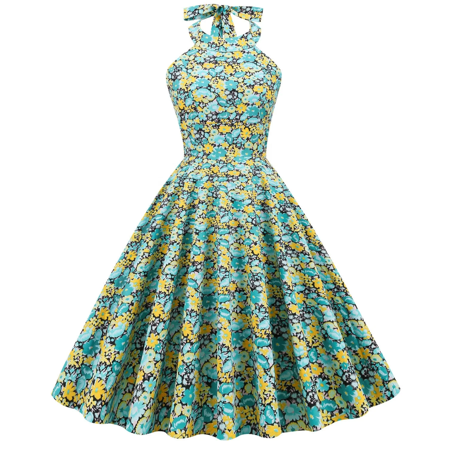 

LD-1220423 Women's sleeveless Halter Pleated Print Vintage Dress