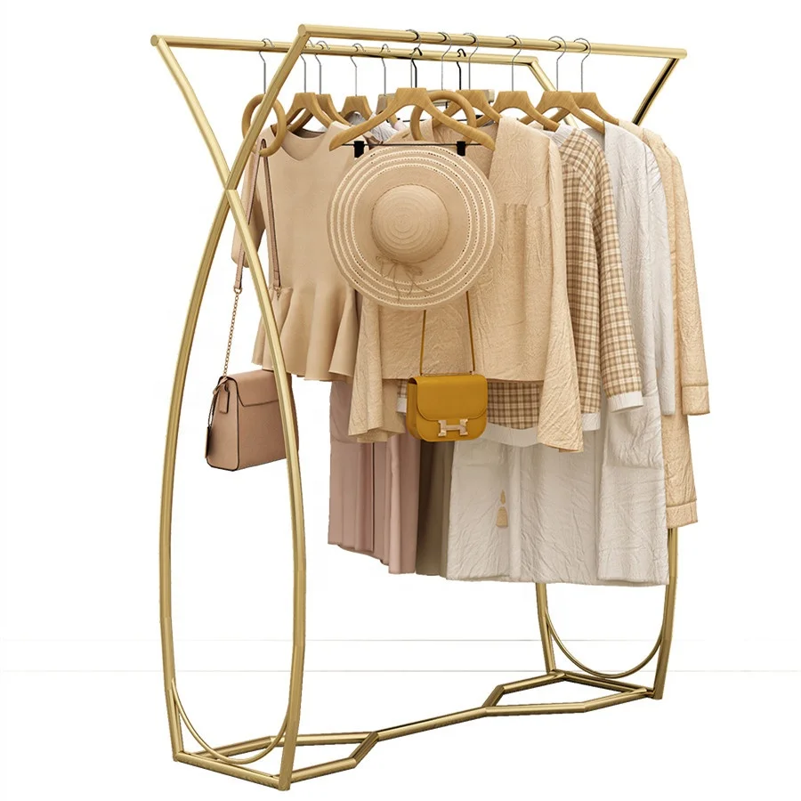 

Nordic Style Modern Multipurpose Versatile Antirust Nano Gold Firm Structure Iron Double Rod Standing Clothes Rack Women Store