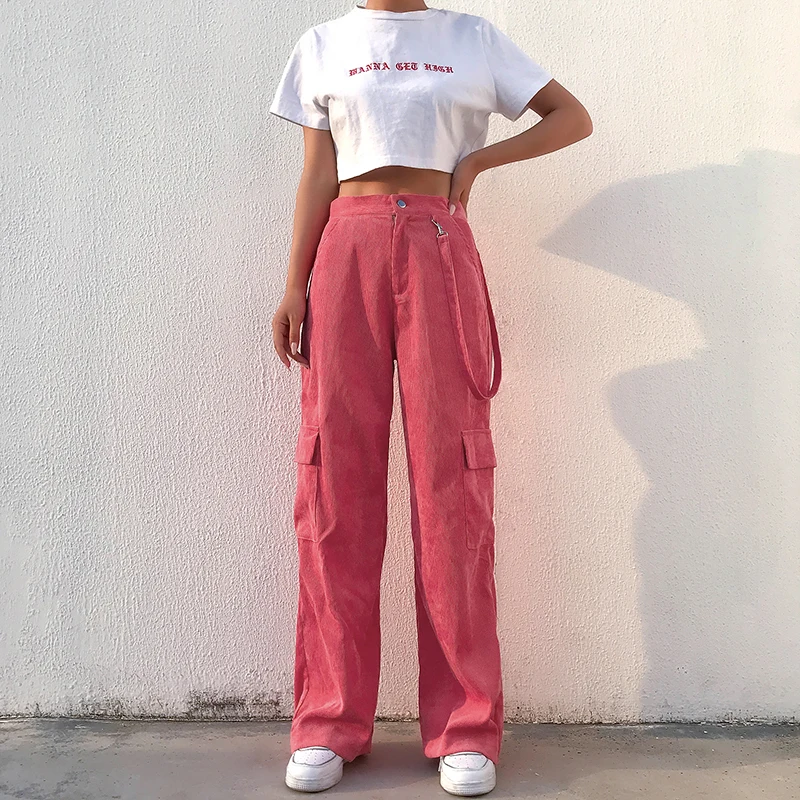 

Weekeep Casual Pockets Patchwork Cargo 2020 High Waist Straight Trousers Women Pants