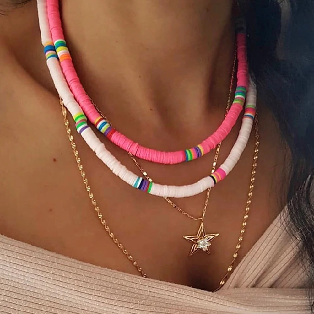 

Personalized Fashion Women Choker Necklace Soft Clay Discs Women Clavicle Necklace 6MM Wide Bohemian Necklace For Summer