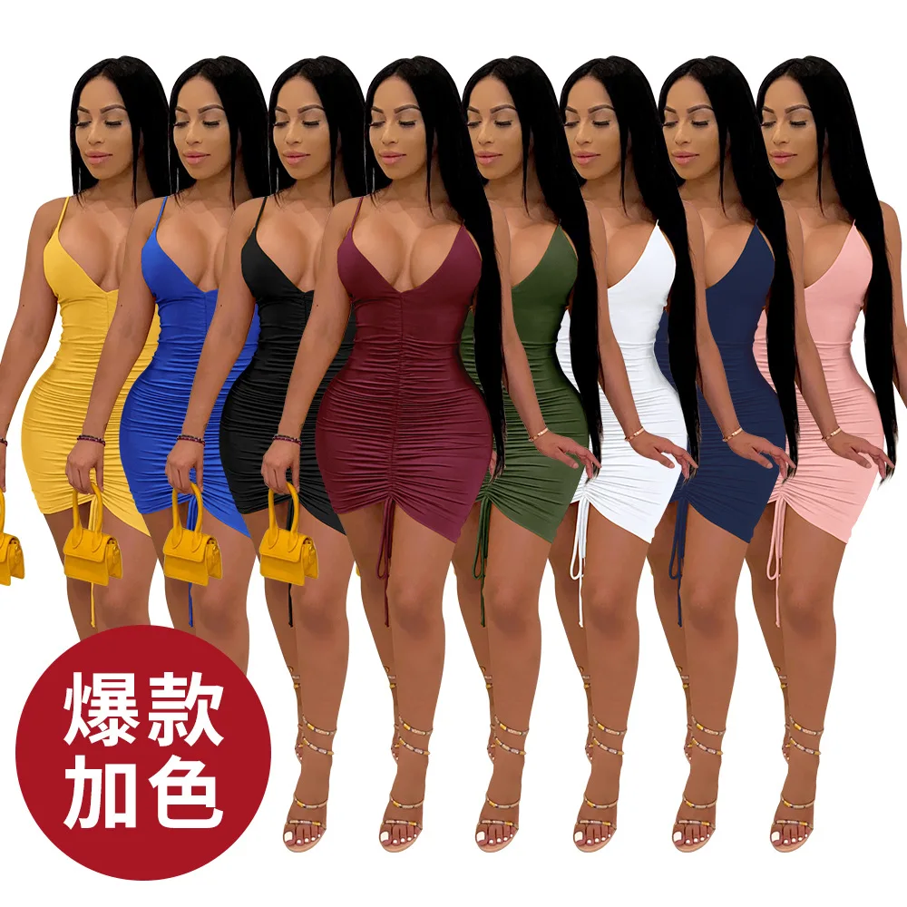 

V Neck Soild Folding Bodycon Dress With Drawstring Party Dresses For Girls