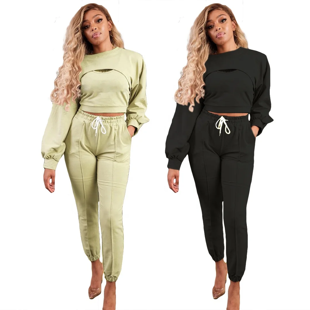 

B63934A European and American women's autumn and winter new leisure pure color sweatshirt three-piece set, Yellow/black