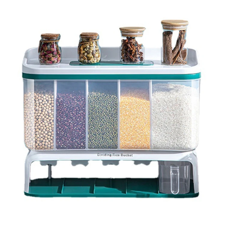 

Multifunctional Kitchen Wall Mounted Divided Rice And Cereal Dispenser Grain Bucket Seal Bulk Rice Dispenser Storage Container, As picture or customized