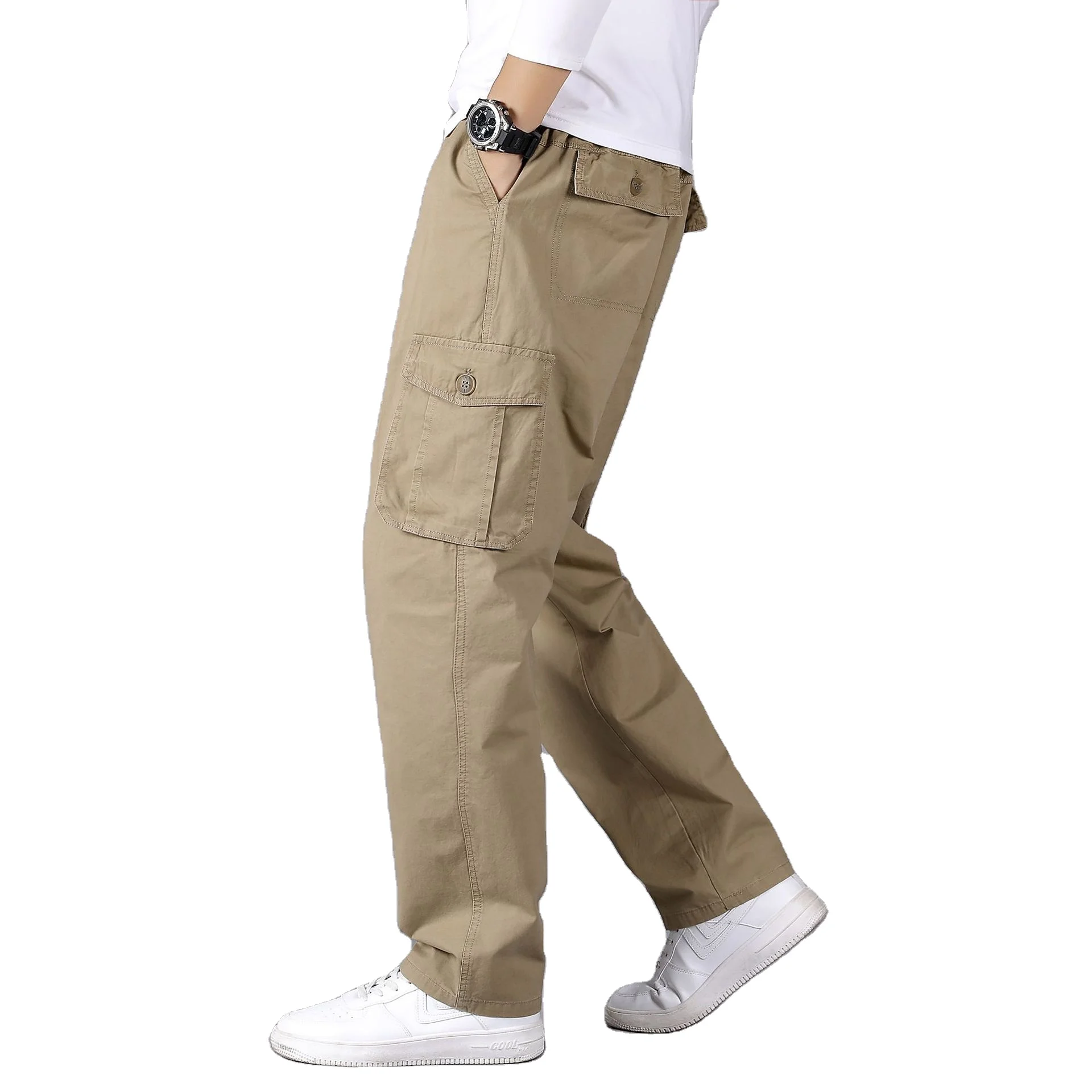 

Spring autumn men's 95 cotton fat large 2022 tooling patch pocket casual middle waist loose men cargo pants