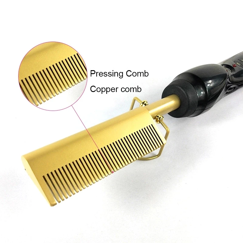 

Professional Hot Hair Pressing Comb Curling Straightneer Hair Straightening Comb Ceramic Flat Iron Curler Designed, Gold