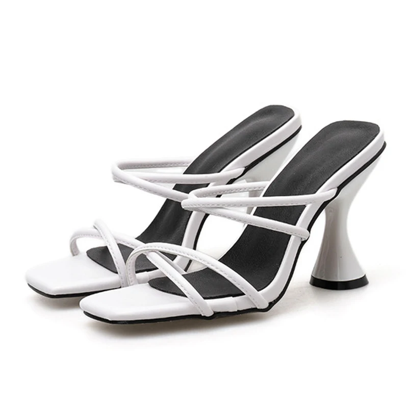 

2020 New Summer Wineglass Shape Fancy High Heel Ladies White Women Slippers Sandals, White/blue