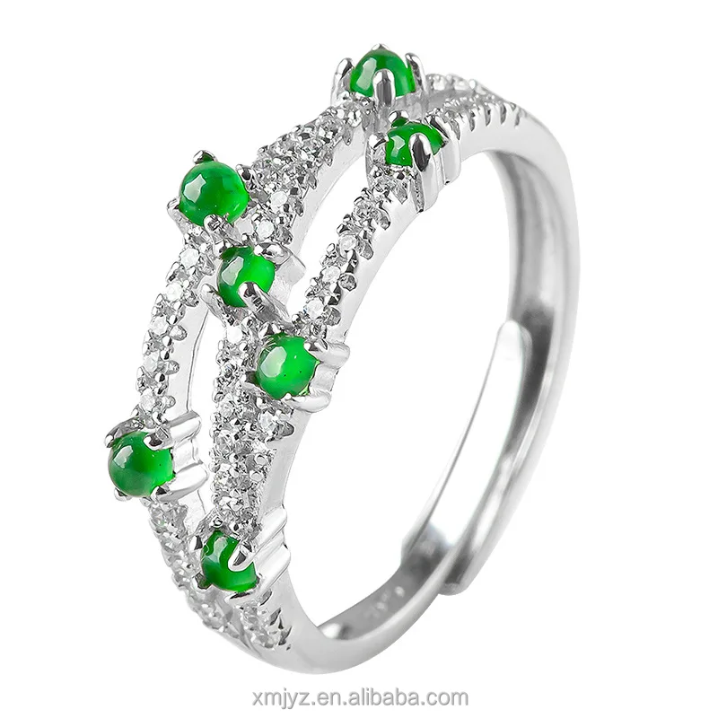 

Certified Grade A Natural Emerald Green Ring Ice Jade Stone S925 Silver Inlay Fashion Ring Women's Simple And Adjustable