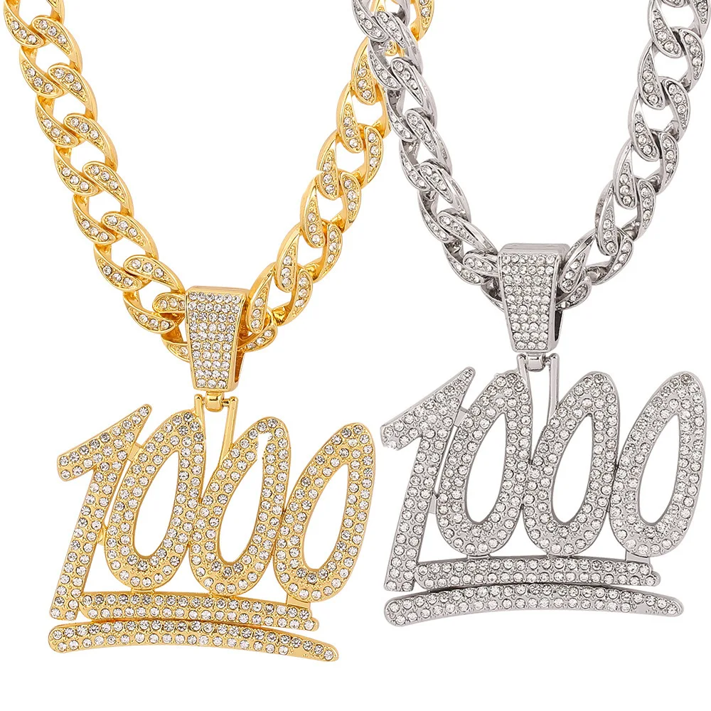 

2021 Hip Hops Men's 18K Gold Plated Curb Cuban Links Chain Necklace Bling Rhinestone Crystal Number 1000 Points Pendant Necklace, Picture