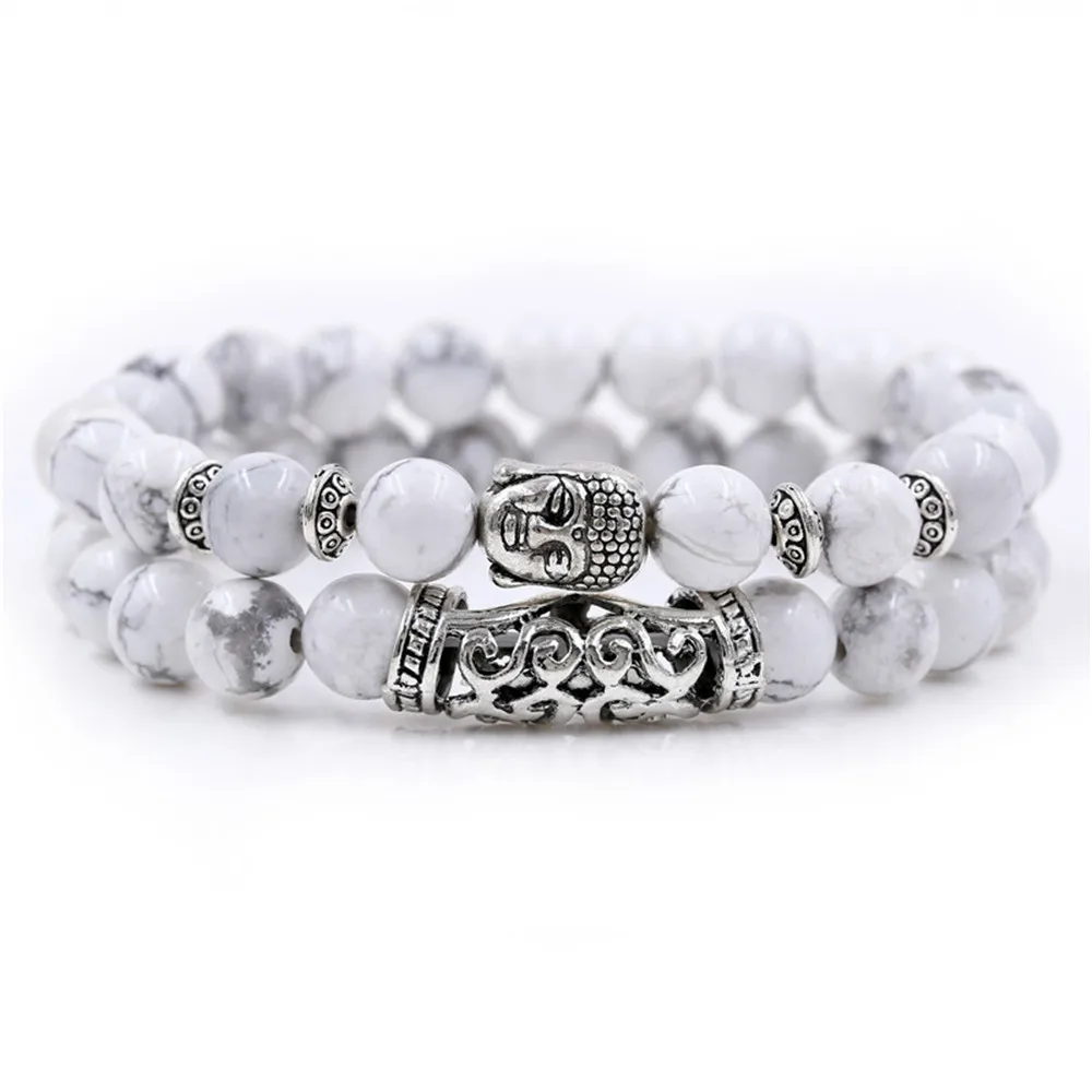 

2PCS/Set Silver Color Buddha Head Lava Skeleton Turquoises Natural Stone bracelet For Women Men Bracelet Set Charm Bangles