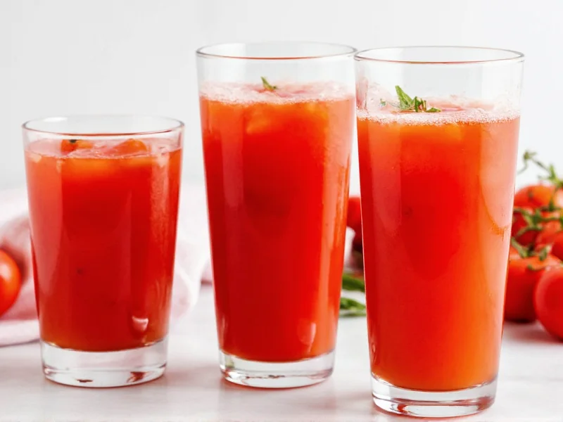 Three glasses of homemade tomato juice variations
