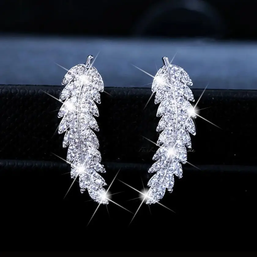 

Women Feather Earrings Fashion Fine Luxury Stud Earrings Wedding Jewelry, Picture