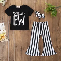 

Toddler Girl Garment for Summer Black Letter T-shirt +Stripes Bell-Bottoms + Headbow 3 Pcs Fashion Kid Girl Outfit Clothing Set