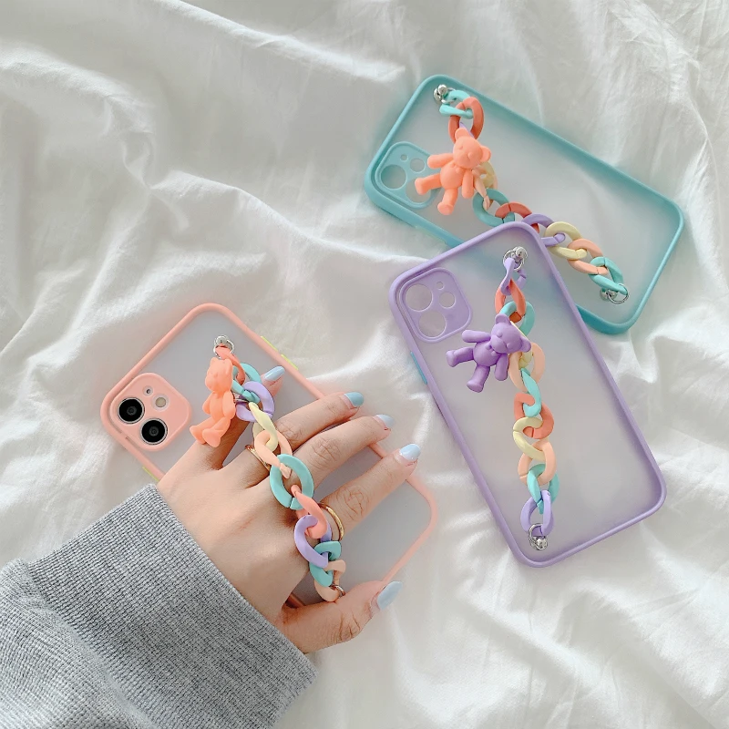 

3D Cartoons Skin feel Wrist Chain Bear Transparent phone Case For iPhone 12Pro Max XS Max XR 7 8 Plus X SE 11 Chain Hanging Case