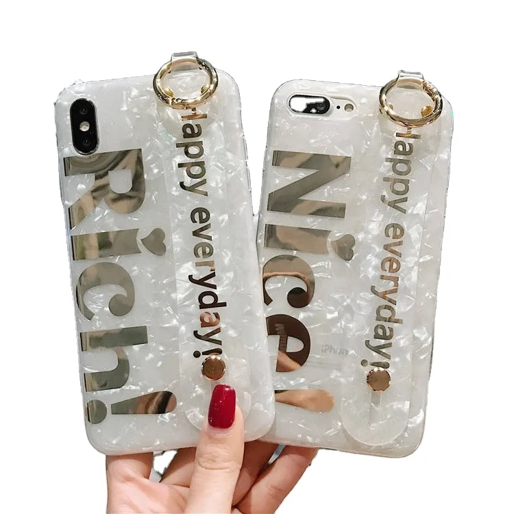

PHT-011 Fashion Nice Rich Word Mobile Phone Case Gold Foil Bronzing Letter Soft Phone Covers with Wristband Handle for Couple, Multi-colors