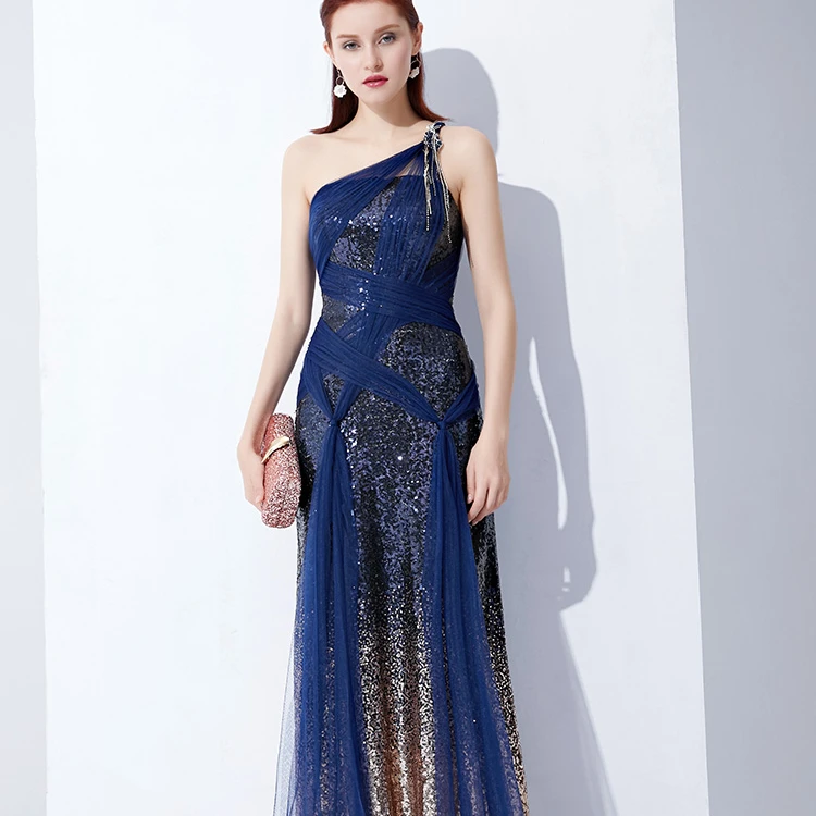 

2020 Individualty Party Lady Dress Bodycon Blue Golden Silk Ribbons Sequins Custom Lady Evening Dress