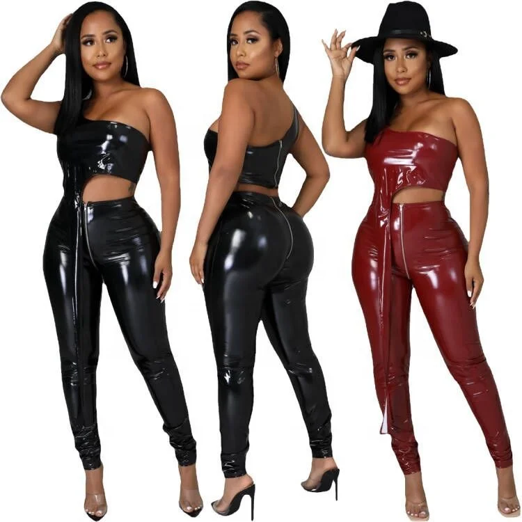 

LW stretch sleeveless slim fitted zipper sexy 2 piece set women two piece pu leather crop top wrapped and jogger sets for ladies, Shown