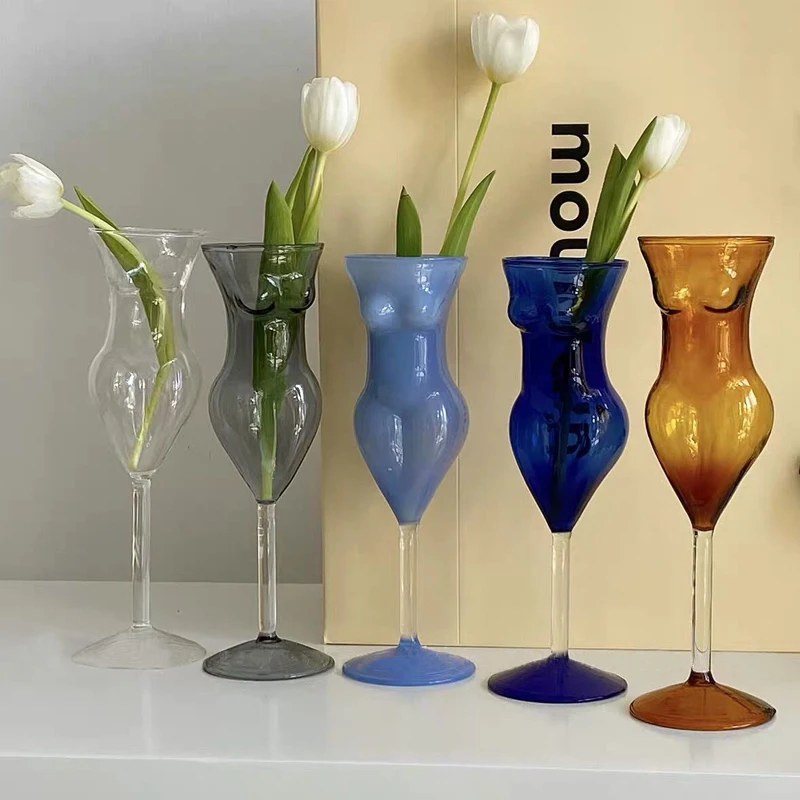 

Ins Beauty Human Half Body Shape Home Decoration Ornaments Champagne Cocktail Juice Cup Glass Goblet, Transparent/blue/light blue/grey/yellow color