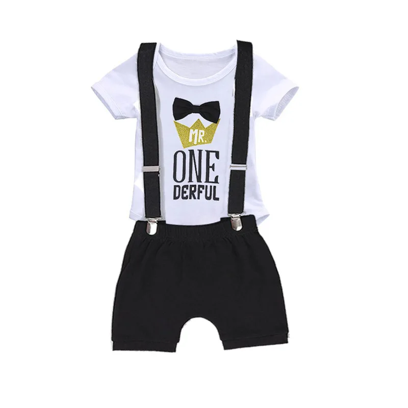 

2021 Baby Clothes Mr Onederful First Birthday Bowtie Romper + Shorts Bodysuit Cake Smash Outfit Boy 1St Birthday DGRT-015